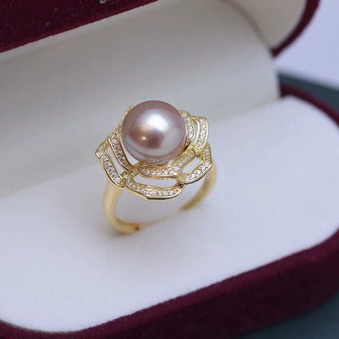 10-11mm Freshwater Pearl Camellia Cubic Zirconia Ring - May-Lynn